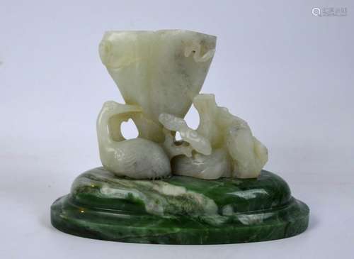 18th C Chinese Carved White Jade Crane & Lingzhi