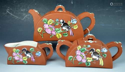 3 Chinese Enameled Yixing Half-Moon Teapot Set