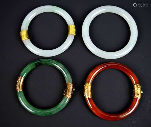 4 Good Chinese Natural Jadeite Bangles w Gold