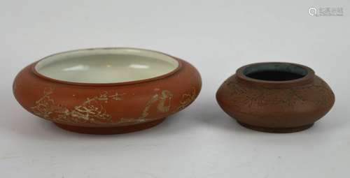 2 - Chinese Enameled & Incised Yixing Brushwashers