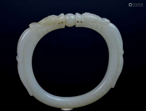 Fine Late Qing Chinese White Jade 2 Dragon Bangle