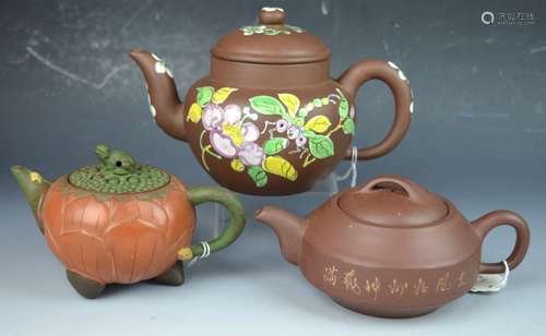 3 Chinese Yixing Teapots, Enameled and Shaped