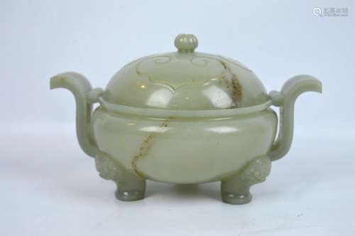 Very Thinly Carved Chinese Jade Censer & Cover