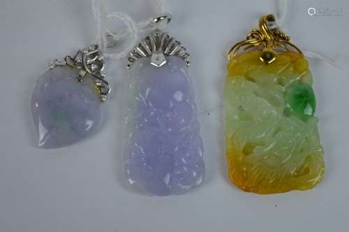 3 Pendants - 2 Natural Lavender Jadeite; 1 3-Color