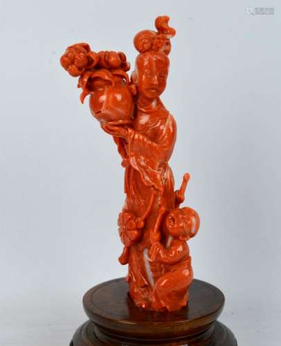 Well Carved Chinese Coral Lady Figure with Boy