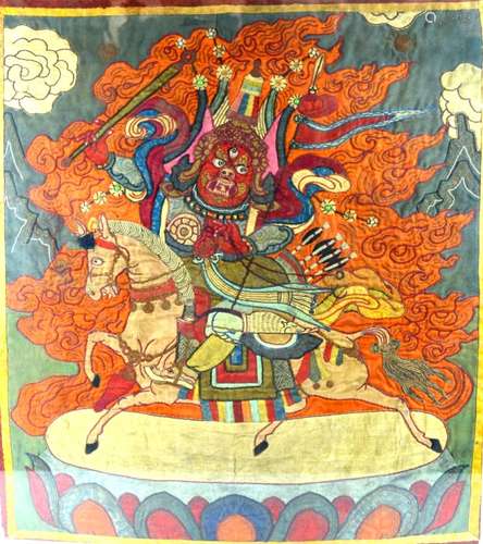 18/19th C Silk Applique Mahakala Tibet Thanka