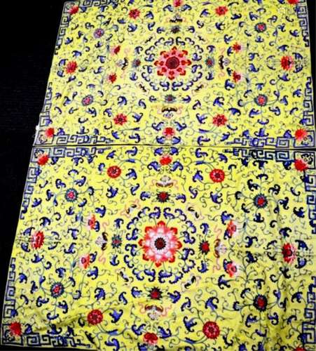 Pair Yellow Silk Chinese Seat Embroideries