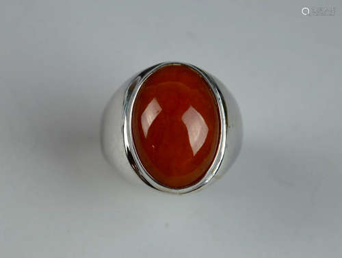 Natural Red Jadeite Cabochon in White Gold Ring