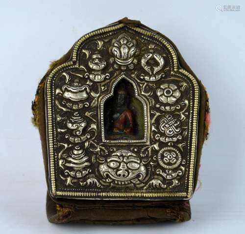 19th C Tibet Travelling Shrine in Silver & Copper