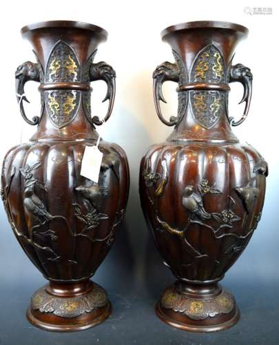 Large Pair Meiji Japanese Incised Bronze Vases