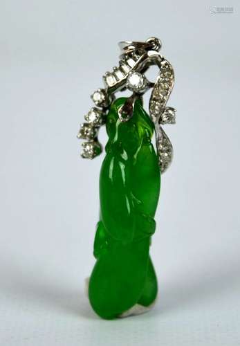 Fine Antique Carved Natural Jadeite Pendant & 18K