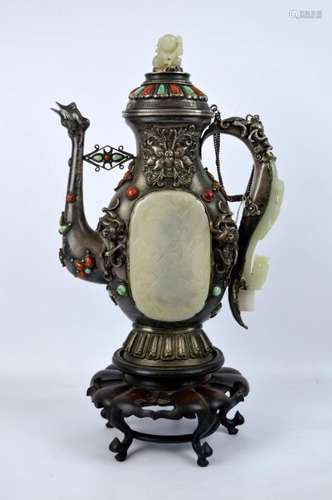 Antique Chinese Silver Wine Pot, White Jade Inlay