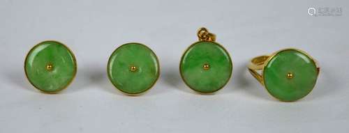 4 Antique Qing Chinese Natural Jadeite Set in 14K