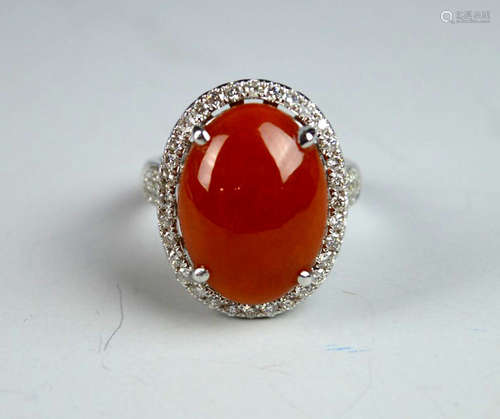 Chinese Natural Red Jadeite Cabochon in 18K Ring