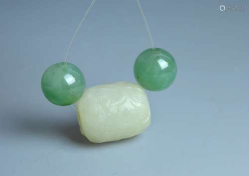 2 Natural Green Jadeite, 1 Carved White Jade Beads