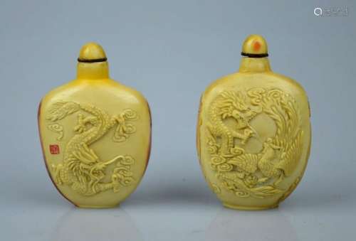 Fine Pair Chinese Dragon Phoenix Hornbill Snuffs