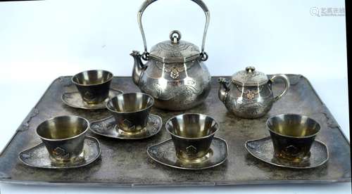 19C Japanese Incised Pure Silver Double Teapot Set