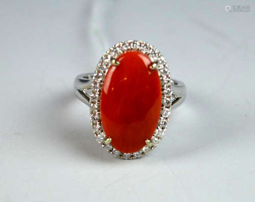 Dark Coral Elongated Oval Cabochon in 18K