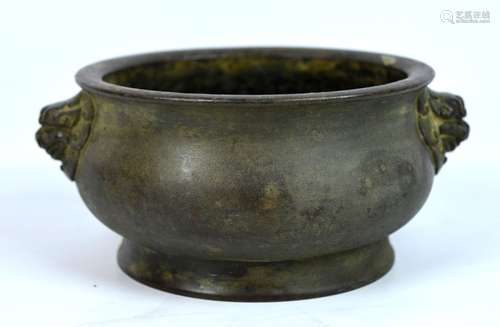 Qing Dynasty Chinese Bronze Censer w Lion Handles