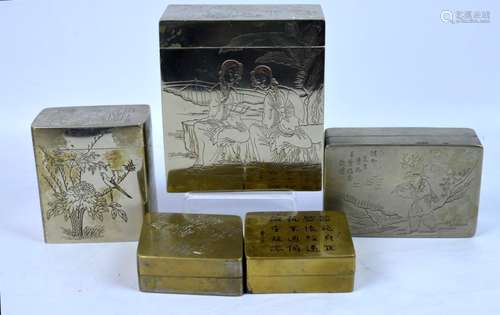 5 Chinese Republic Incised Bronze Boxes & Covers