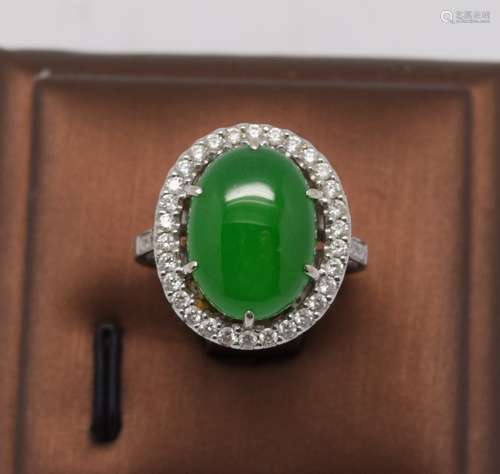 Translucent Bright Green Jadeite Jade Diamond Ring