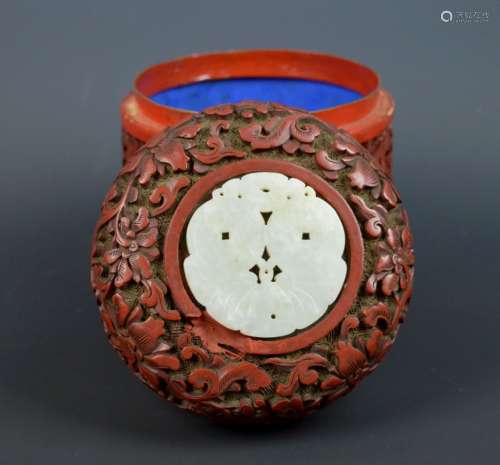 White Jade Inlaid Chinese Carved Cinnabar Box