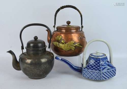 3 Korean or Japanese Teapots, metals & porcelain