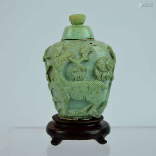 Chinese Carved Turquoise Snuff with Deer & Crane