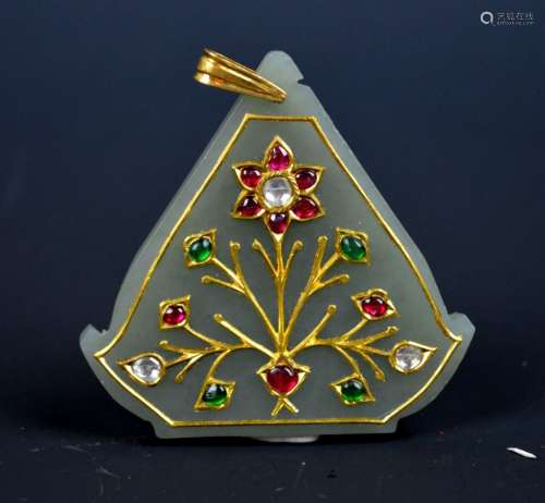 Mughal Style Jewel & Gold Inlaid Jade Pendant