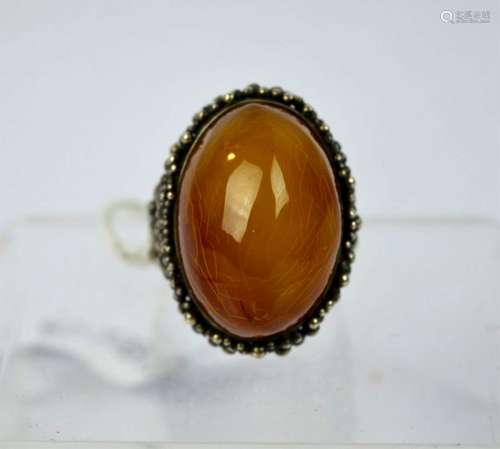 Large Butterscotch Amber Cabochon White Metal Ring