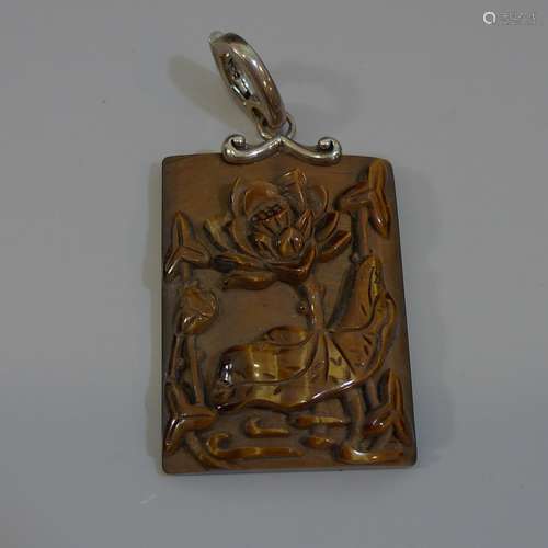 STERLING SILVER CHINESE  CARVED TIGER'S EYE PENDANT