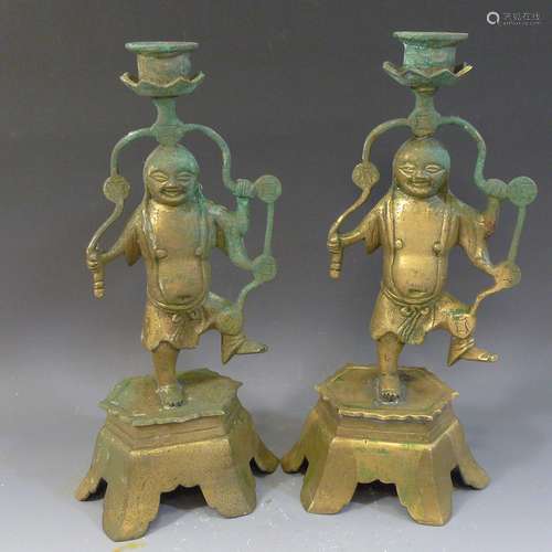 PAIR OF CHINESE BRONZE CANDLE HOLDERS - 19TH CENTURY