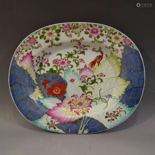 ANTIQUE CHINESE FAMILLE ROSE TOBACCO LEAF PORCELAIN PLATTER - 18TH CENTURY