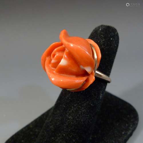 HUGE 14K GOLD NATURAL RED CORAL CARVED ROSE RING