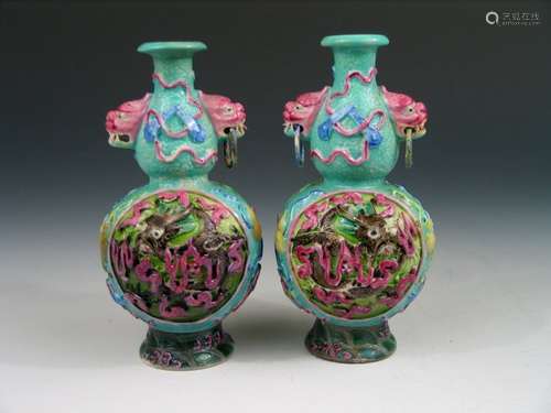 PAIR OF ANTIQUE CHINESE FAMILLE ROSE CARVED PORCELAIN VASE