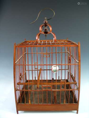 Chinese Bamboo Bird Cage with Famille Rose Porcelain Bird Feeder.