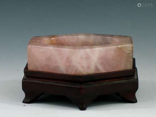 Chinese Pink Quartz Brush Washer on Carved Wood Stand, Qing Dynasty.