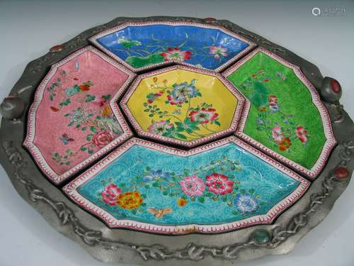 Chinese Enameled Sectional Disch in a Pewter Tray,