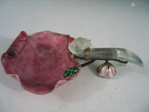 Chinese Enameled Candle Holder with Carved Rock Crystal Handle