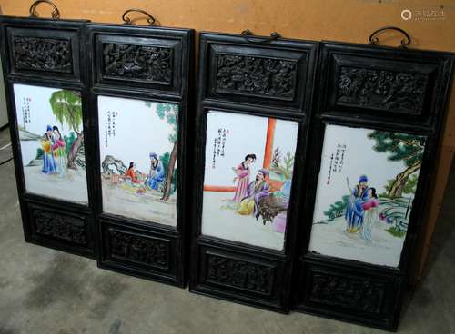 Four Chinese Famille Rose Porcelain Panels with Wood Frames