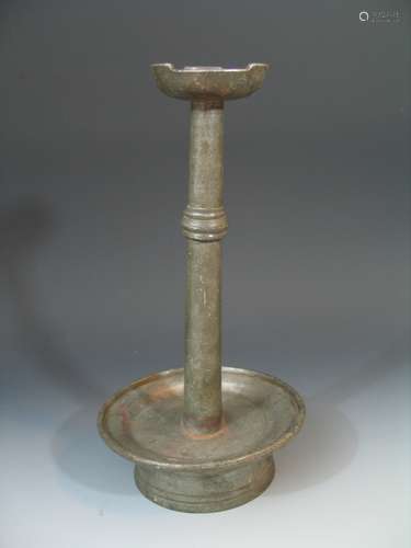 Antique Chinese Pewter Candle Holder, Signed, 11