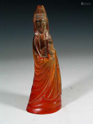 Chinese Carved Ox Horn Figure of Guanyin, 19th Century.