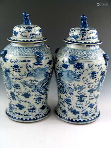 Pair of Chinese Blue and White Porcelain Temple Jars with Dragon and Phoenix Decoration, Early 20th Century.