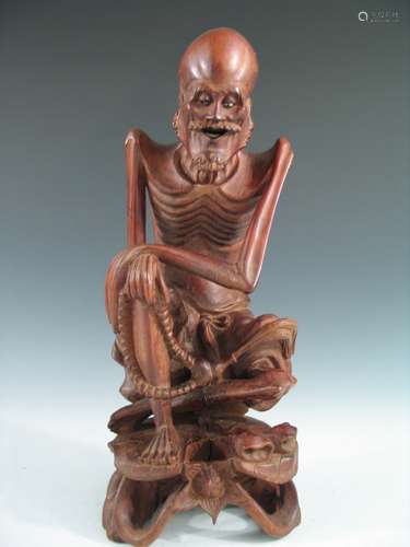 Chinese Carved Wood Figure of Skinny Luohan