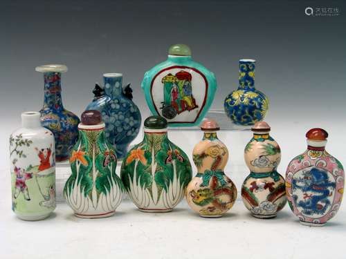 Ten Chinese Porcelain and Enameled Metal Snuff Bottles