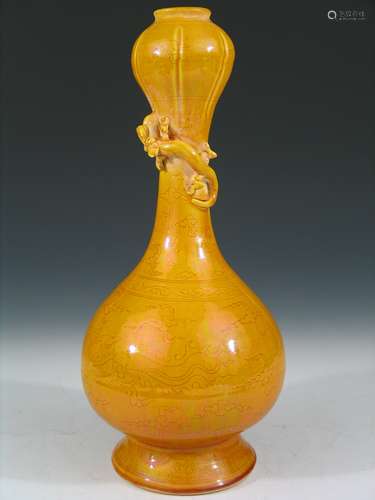 Chinese Yellow Glazed Garlic Mouth Porcelain Vase, Ming Mark.