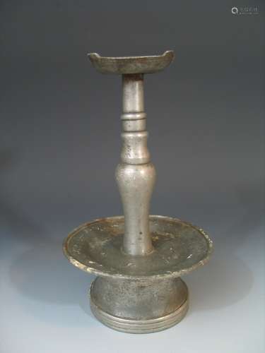 Antique Chinese Pewter Candle Holder, Signed, 8.5