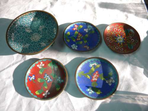 Five Antique Cloisonne Dishes Marked China