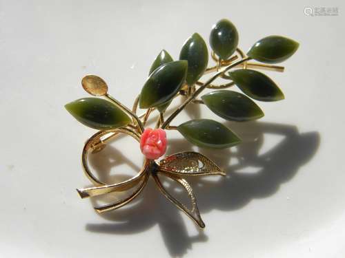 Natural Green Nephrite Jade and Coral Brooch Pin