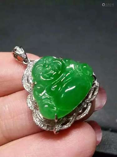 18K White Gold Diamond Green Jadeite Buddha Pendant